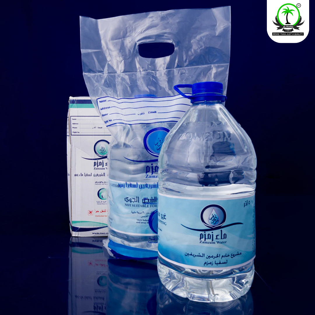 Aab-e-Zam Zam water 5 litre bottle in various packagings.